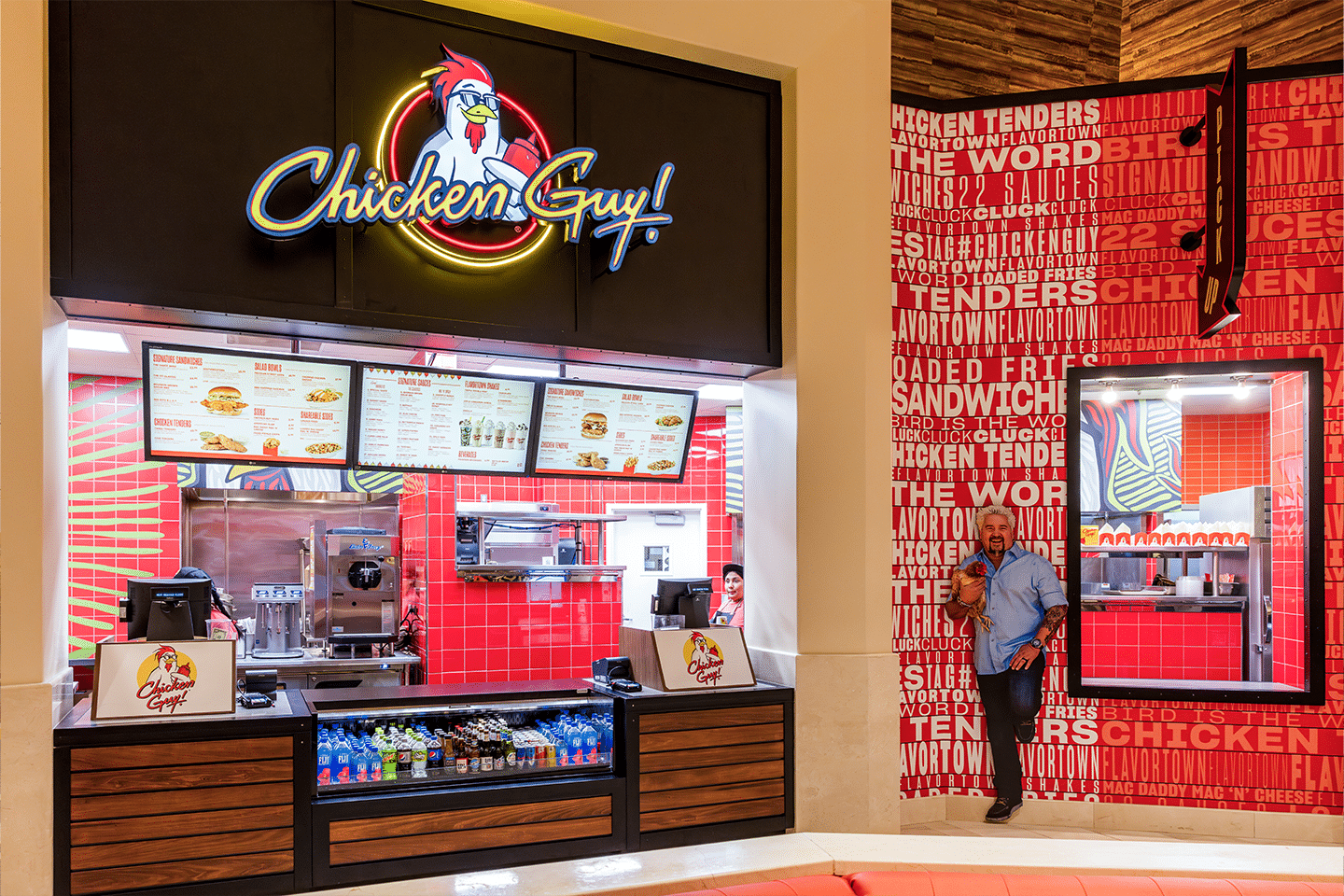 Chicken Guy! in Caesars Palace with Guy Fieri posing in the back