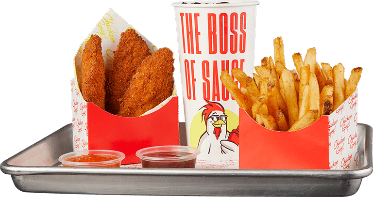 Chicken Guy! meal featuring crispy chicken tenders, seasoned fries, two dipping sauces, and a drink in a "Boss of Sauce" cup.